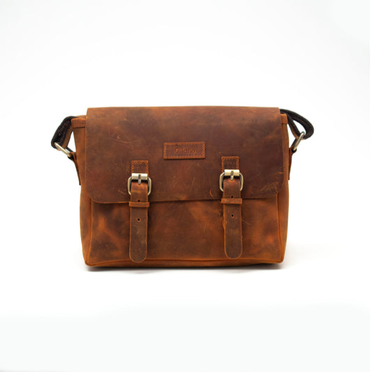 Design01 Hakiki Eskitme Deri Kahve - Taba Unisex Postacı Çanta